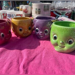 🍎🍋🍇🍈 VINTAGE Enesco Anthropomorphic Fruit Face Mugs Set of 4